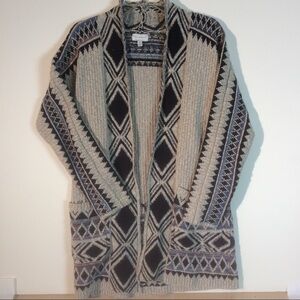 Lucky Brand Sz XS Extra Small Grey Blue Aztec Open Front Cardigan Sweater Boho